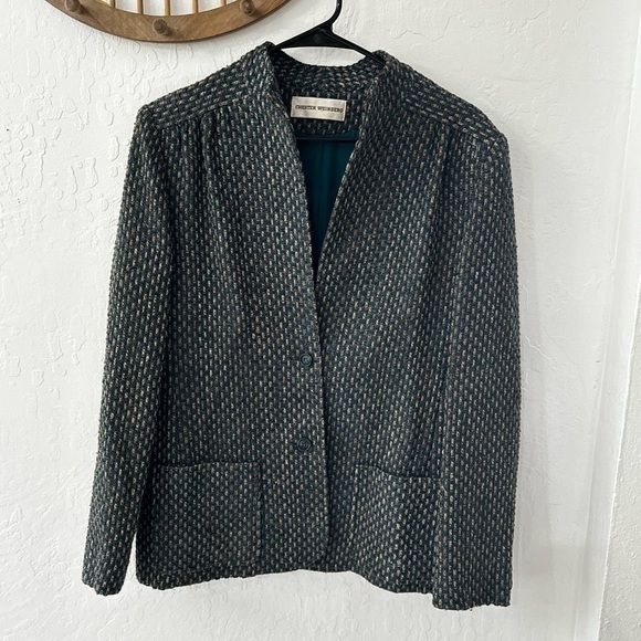 Vintage Chester Weinberg Green Multicolor Woven Stitch Double Breasted Blazer - Picture 2 of 14